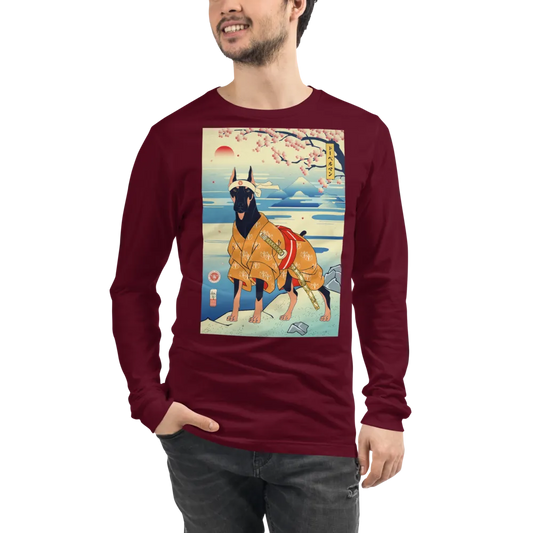 Dog Doberman Pinscher Japanese Ukiyo-e Unisex Long Sleeve Tee - Maroon / S