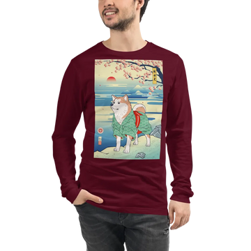 Dog Akita Funny Japanese Ukiyo-e Unisex Long Sleeve Tee - Maroon / S