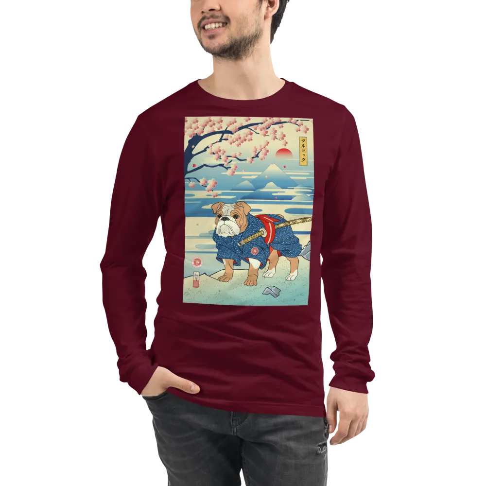 Dog Bulldog Japanese Ukiyo-e Unisex Long Sleeve Tee - Maroon / S