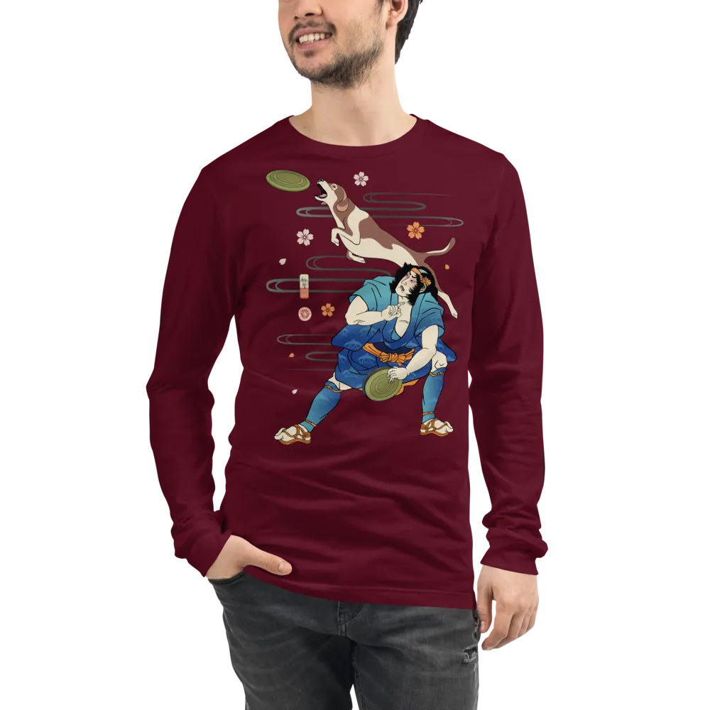 Disc Dog Samurai Japanese Ukiyo-e Unisex Long Sleeve Tee - Maroon / S