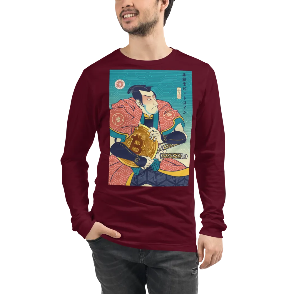 Samurai Bitcoin Mining Ukiyo-e Unisex Long Sleeve Tee - Maroon / S