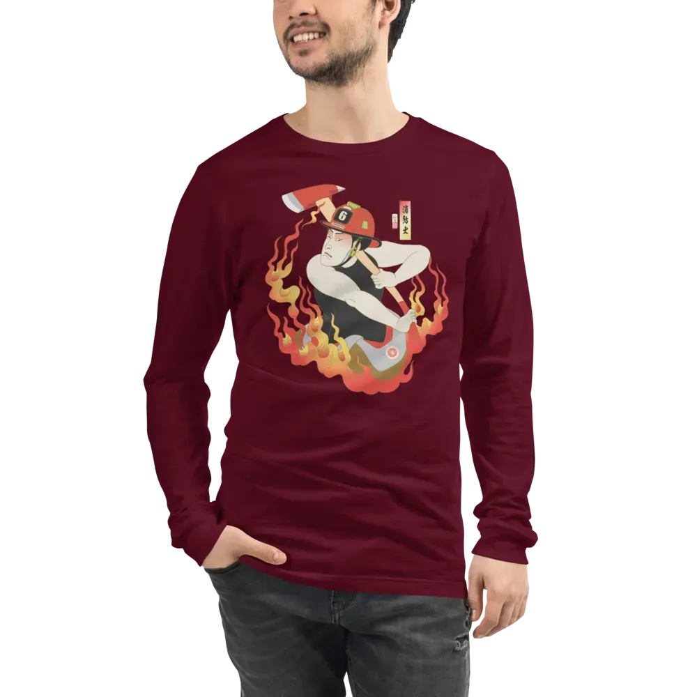 Samurai Firefighter Fireman Ukiyo-e Unisex Long Sleeve Tee - Samurai Original