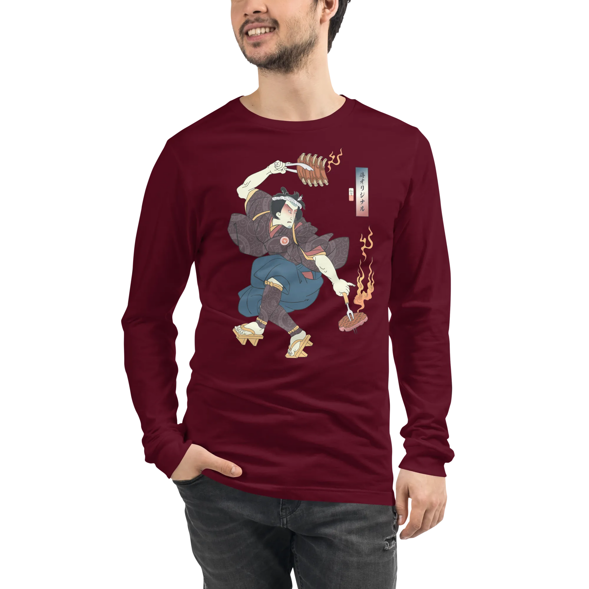 Samurai BBQ Barbecue Funny Ukiyo-e Unisex Long Sleeve Tee - Samurai Original