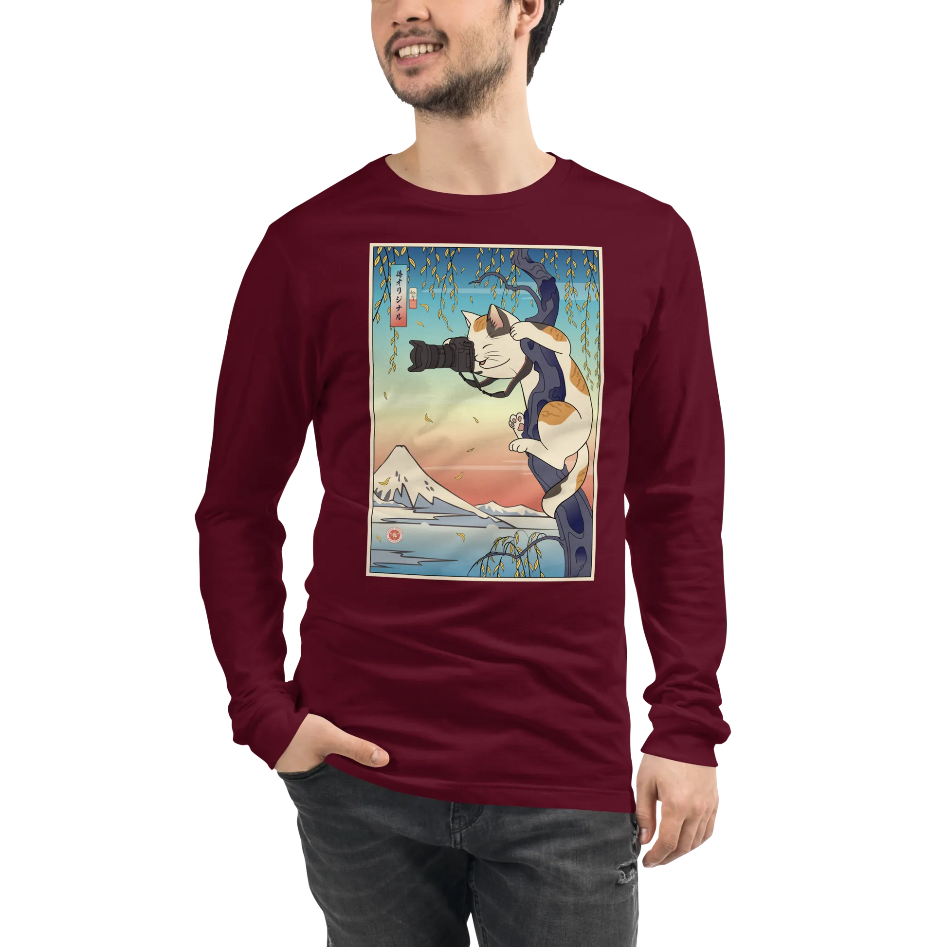 Cat Photographer Funny Japanese Ukiyo-e Unisex Long Sleeve Tee - Maroon / S