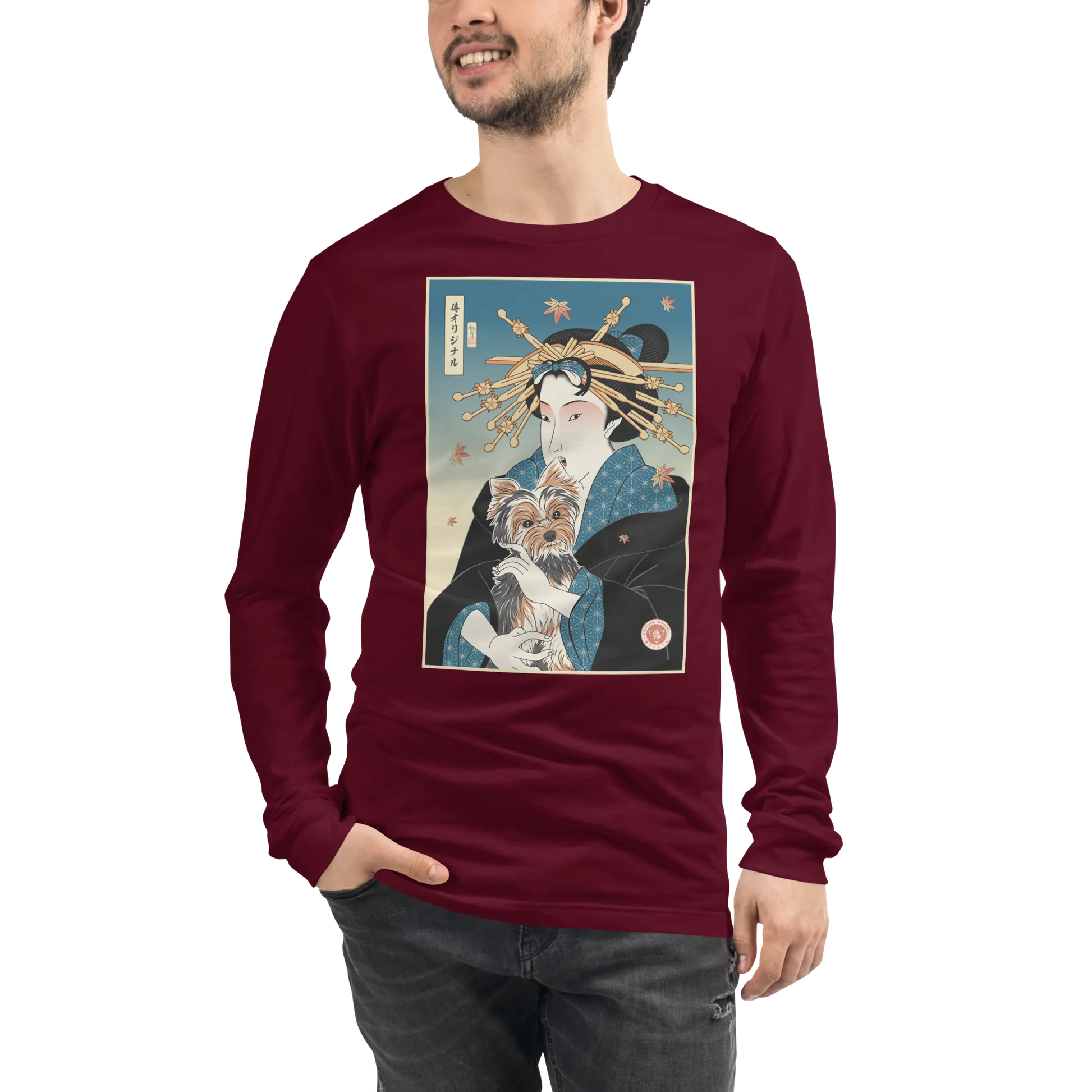 Geisha and Yorkshire Dog Japanese Ukiyo-e Unisex Long Sleeve Tee - Maroon / S