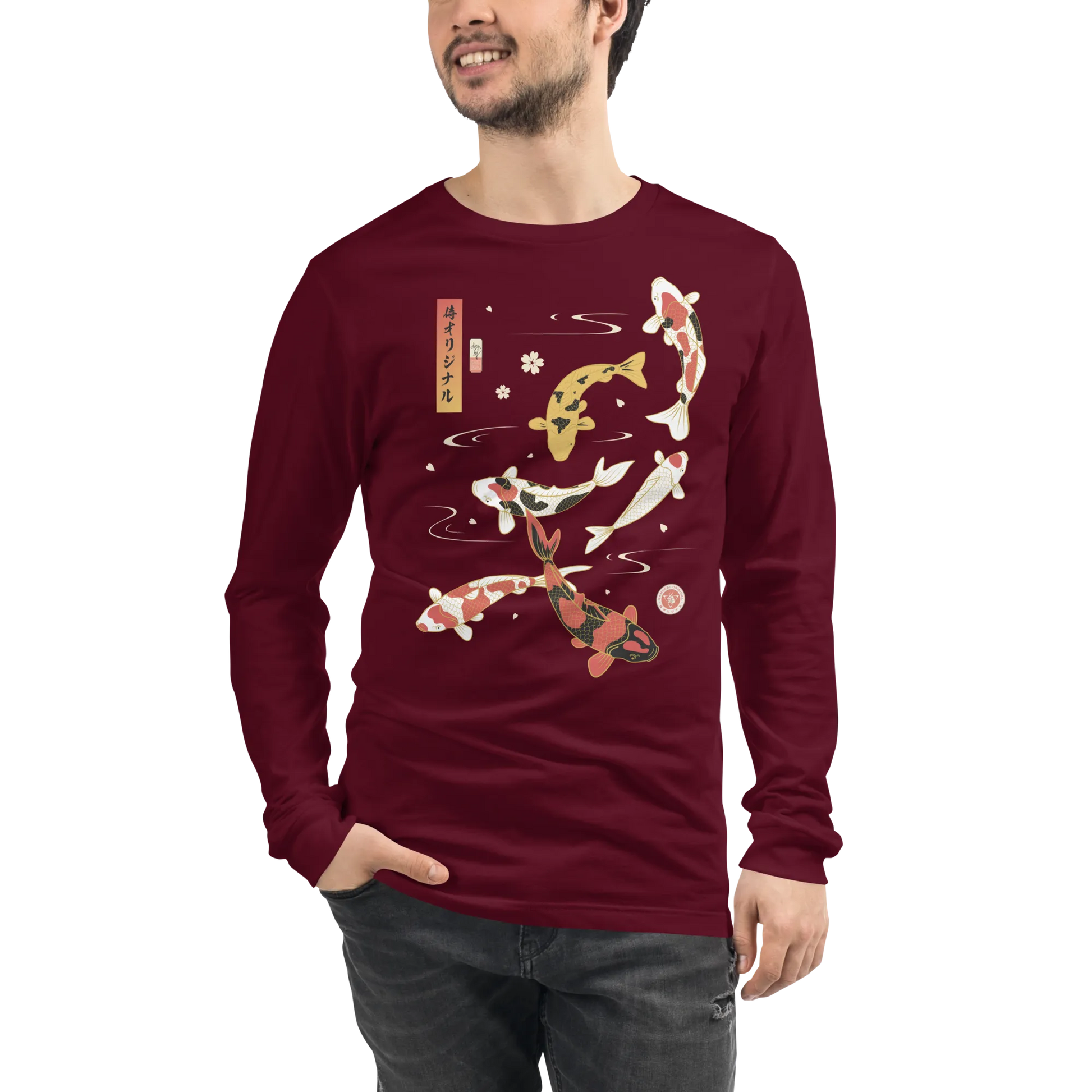 Koi Fish Japanese Ukiyo-e Unisex Long Sleeve Tee - Maroon / S