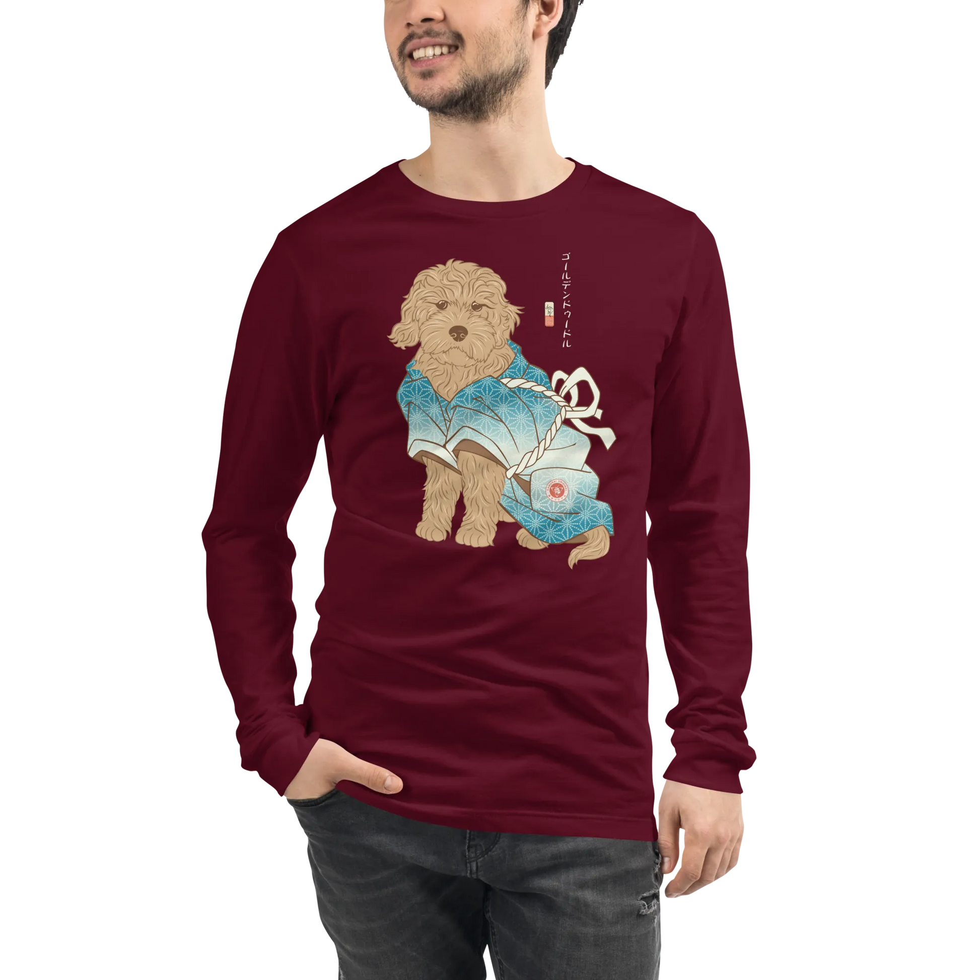 Golden Doodle Dog Funny Japanese Ukiyo-e Unisex Long Sleeve Tee - Maroon / S