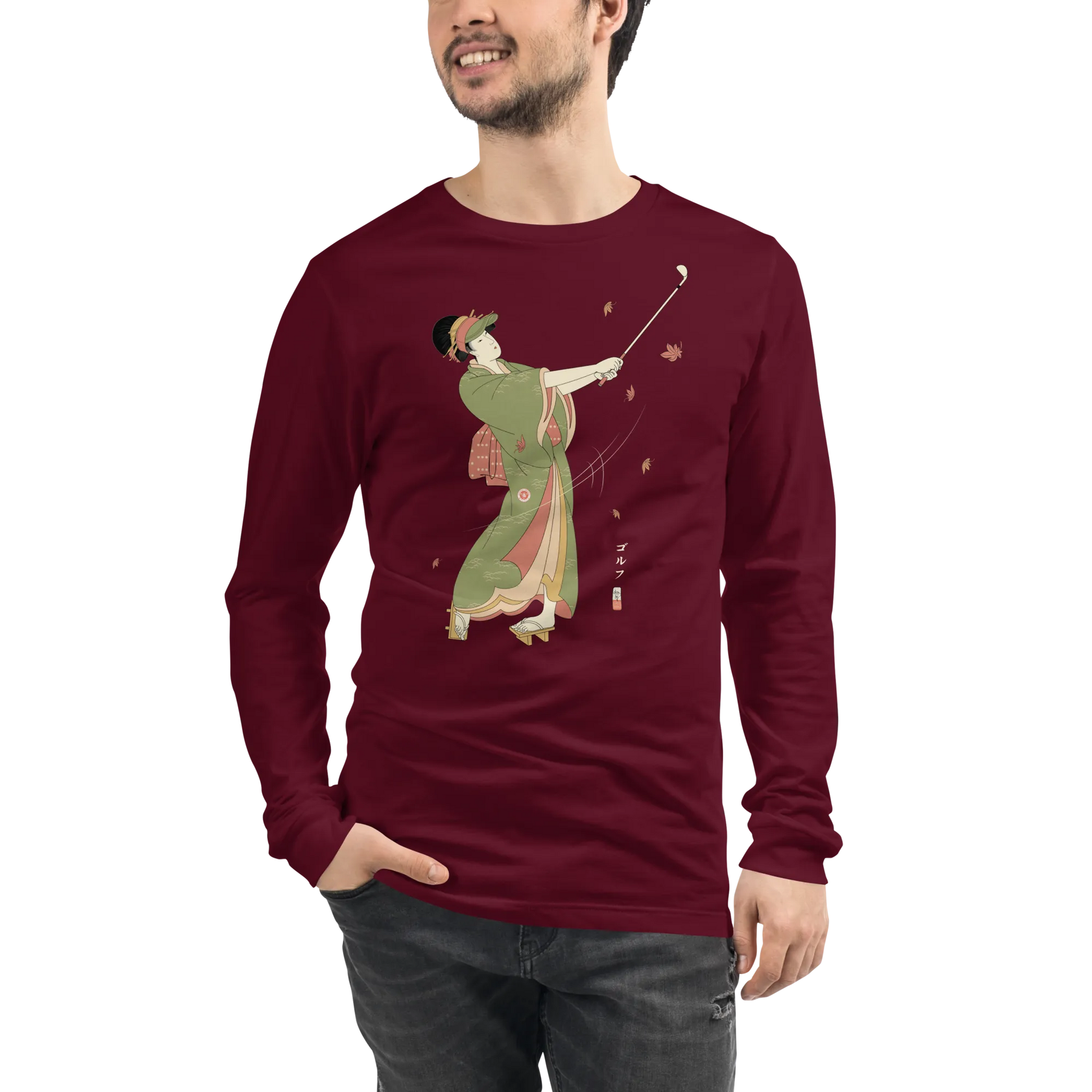 Geisha Golf Player Japanese Ukiyo-e Unisex Long Sleeve Tee - Maroon / S