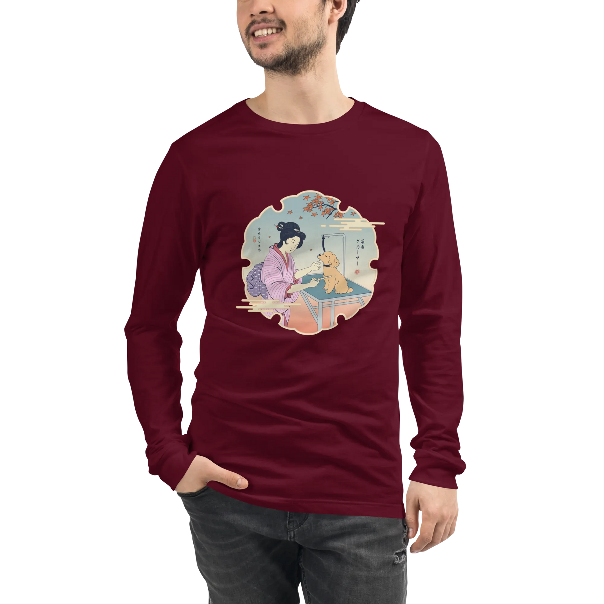 Geisha Groomer Japanese Ukiyo-e Unisex Long Sleeve Tee - Maroon / S