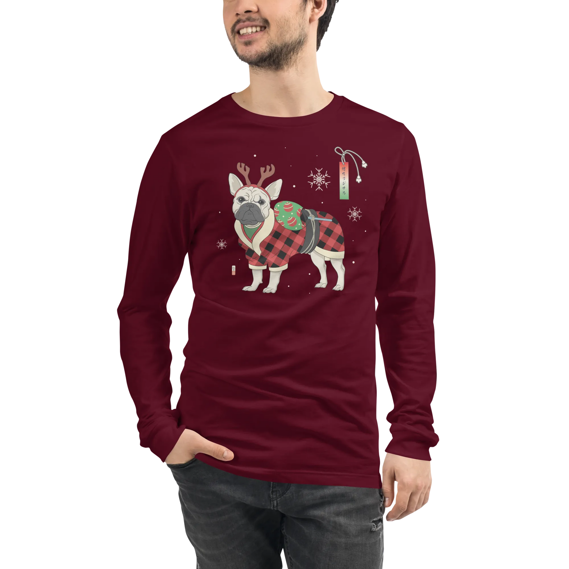 French Bulldog Funny Christmas Japanese Ukiyo-e Unisex Long Sleeve Tee - Maroon / S