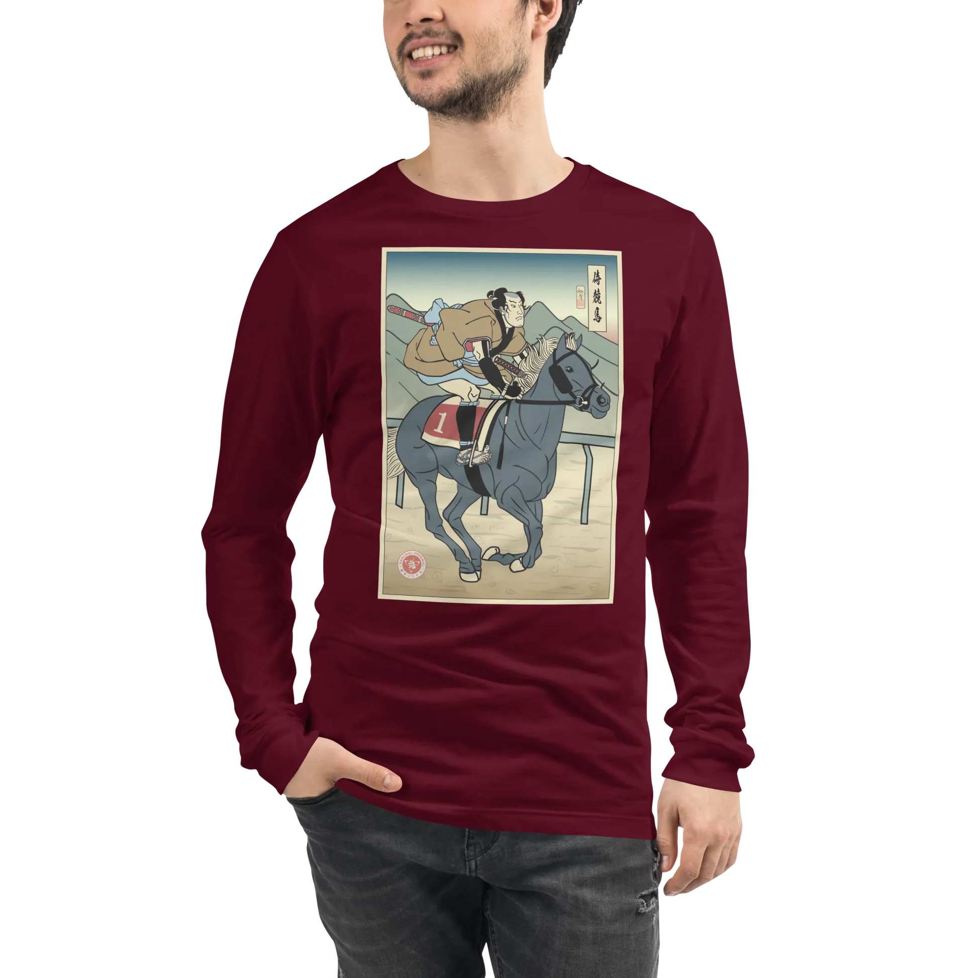 Samurai Horse Racing Ukiyo-e Unisex Long Sleeve Tee - Maroon / S