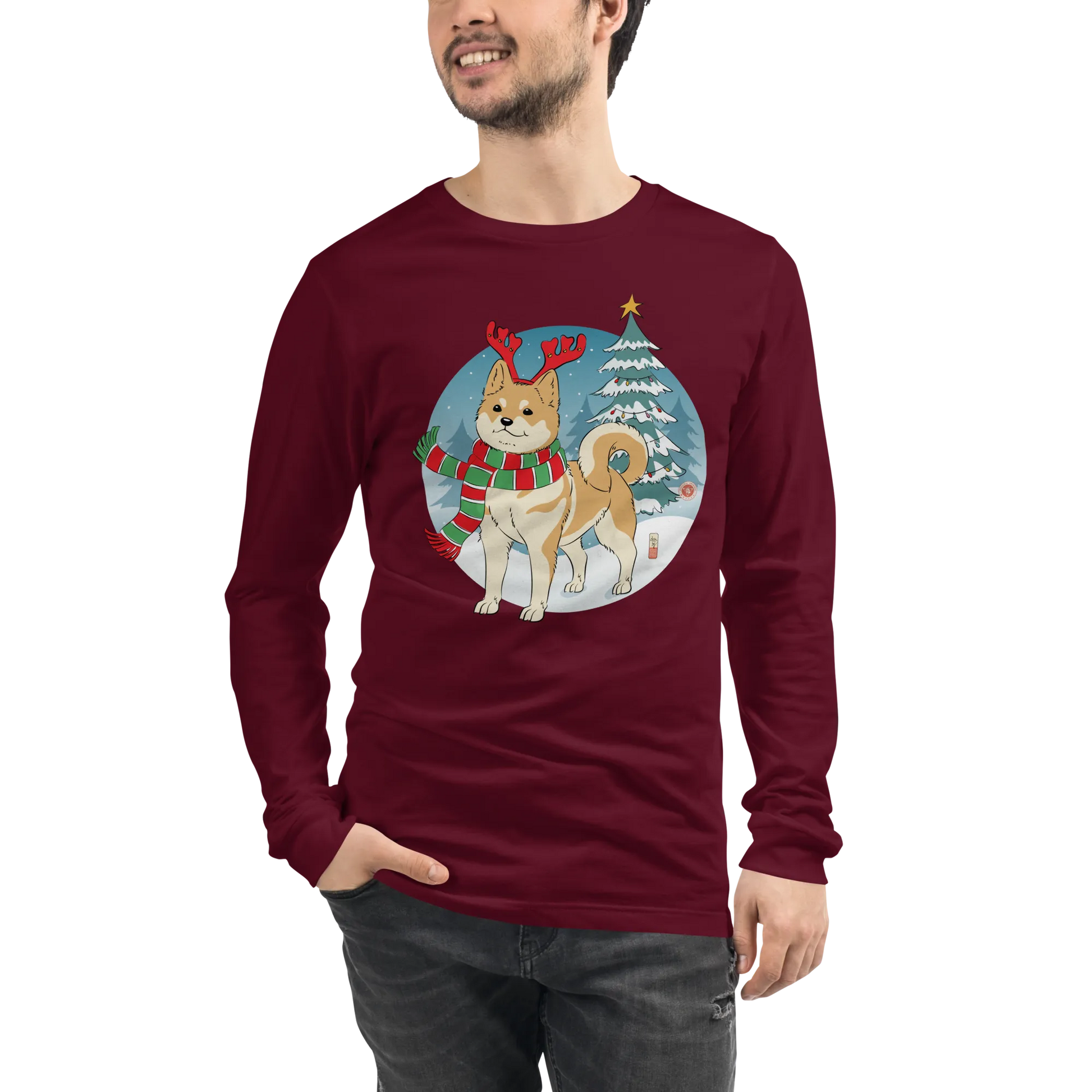 Dog Shiba Funny Christmas Japanese Unisex Long Sleeve Tee - Maroon / S