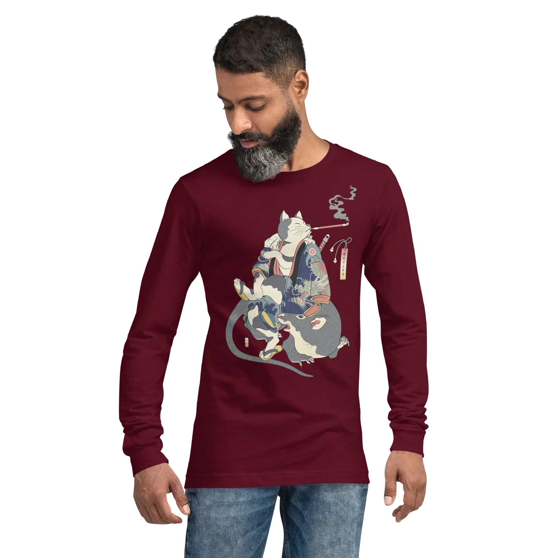 Cat and Mouse Funny Japanese Ukiyo-e Unisex Long Sleeve Tee - Maroon / S