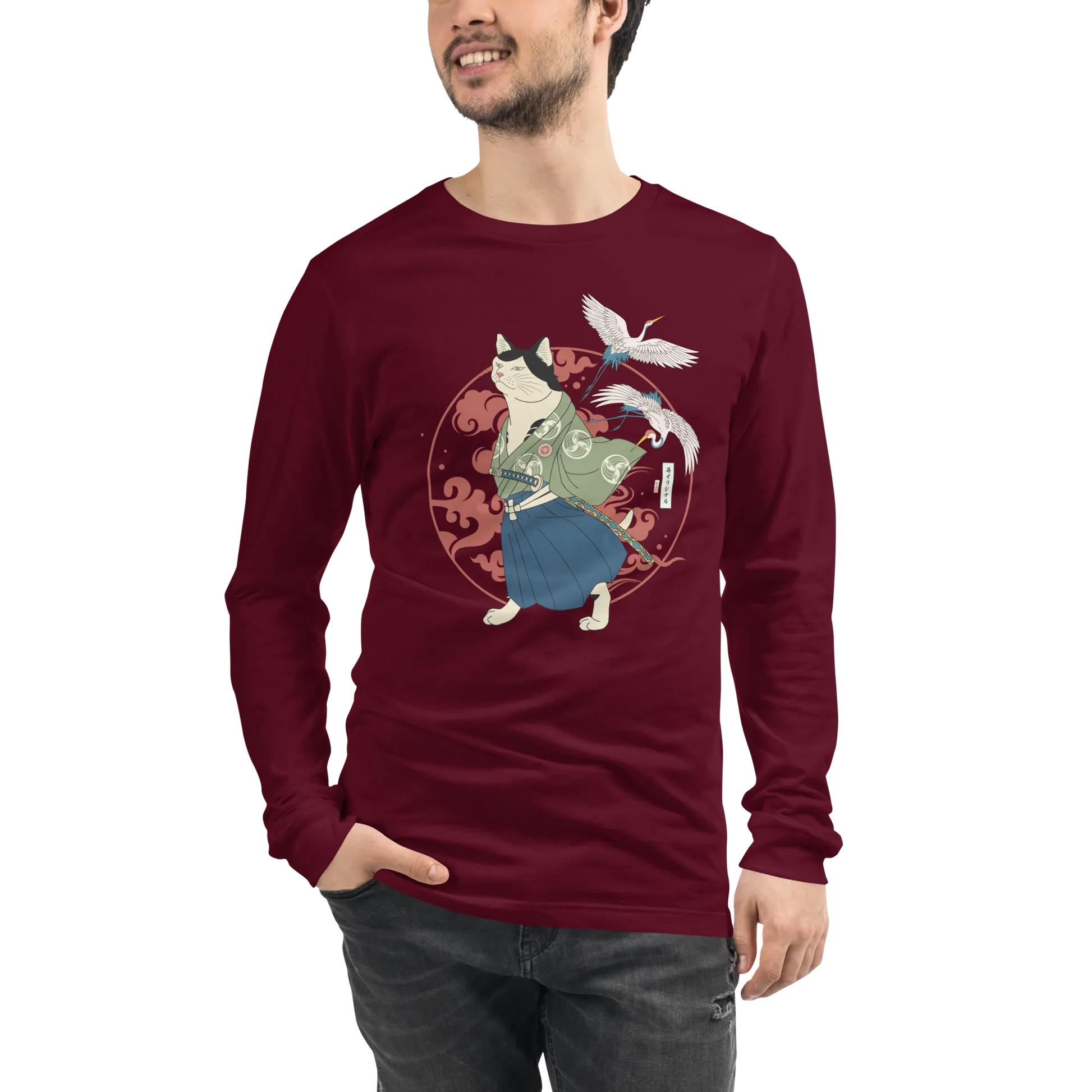 Cat Samurai Funny Ukiyo-e Japanese Unisex Long Sleeve Tee - Maroon / S