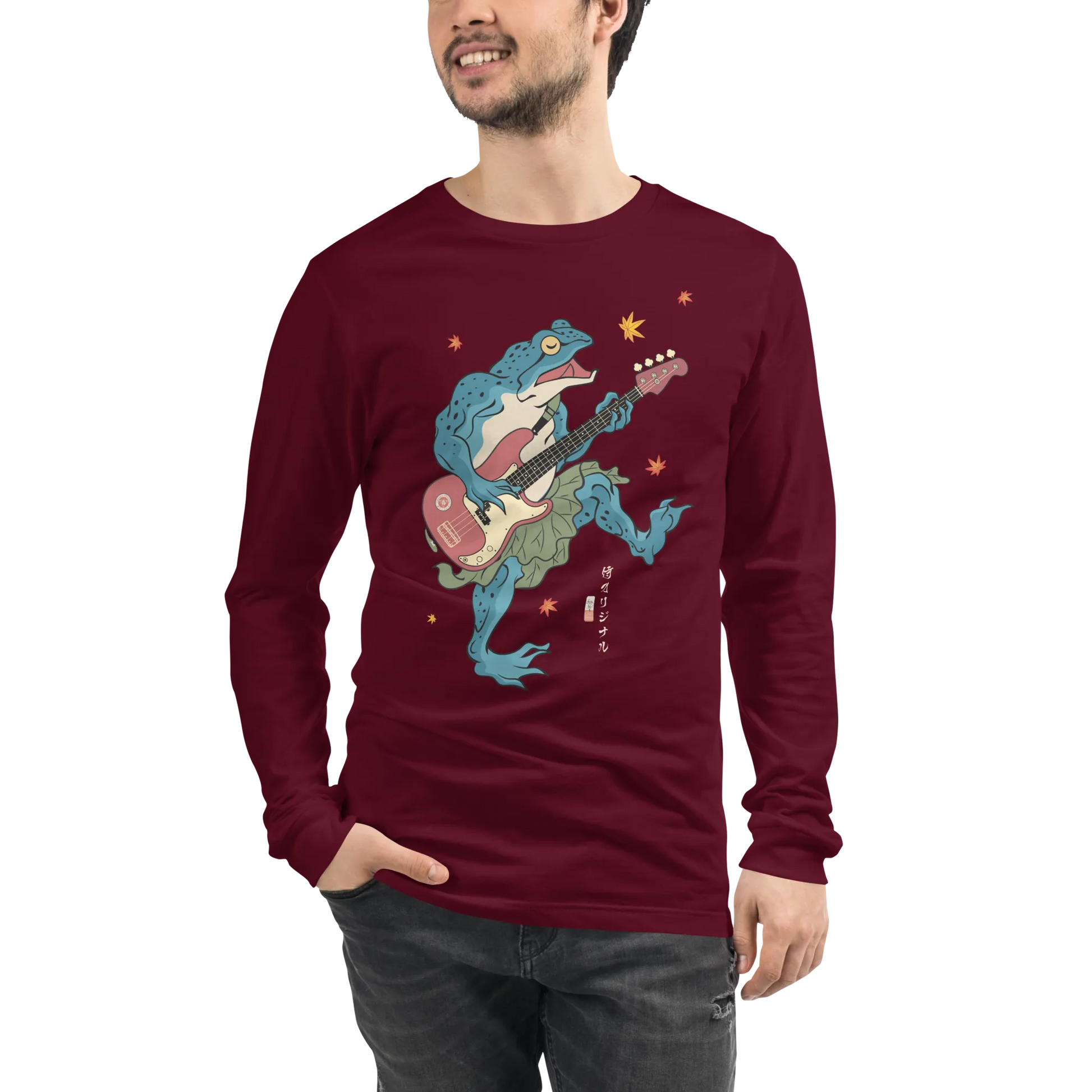 Frog Guitar Bass Funny Japanese Ukiyo-e Unisex Long Sleeve Tee - Maroon / S