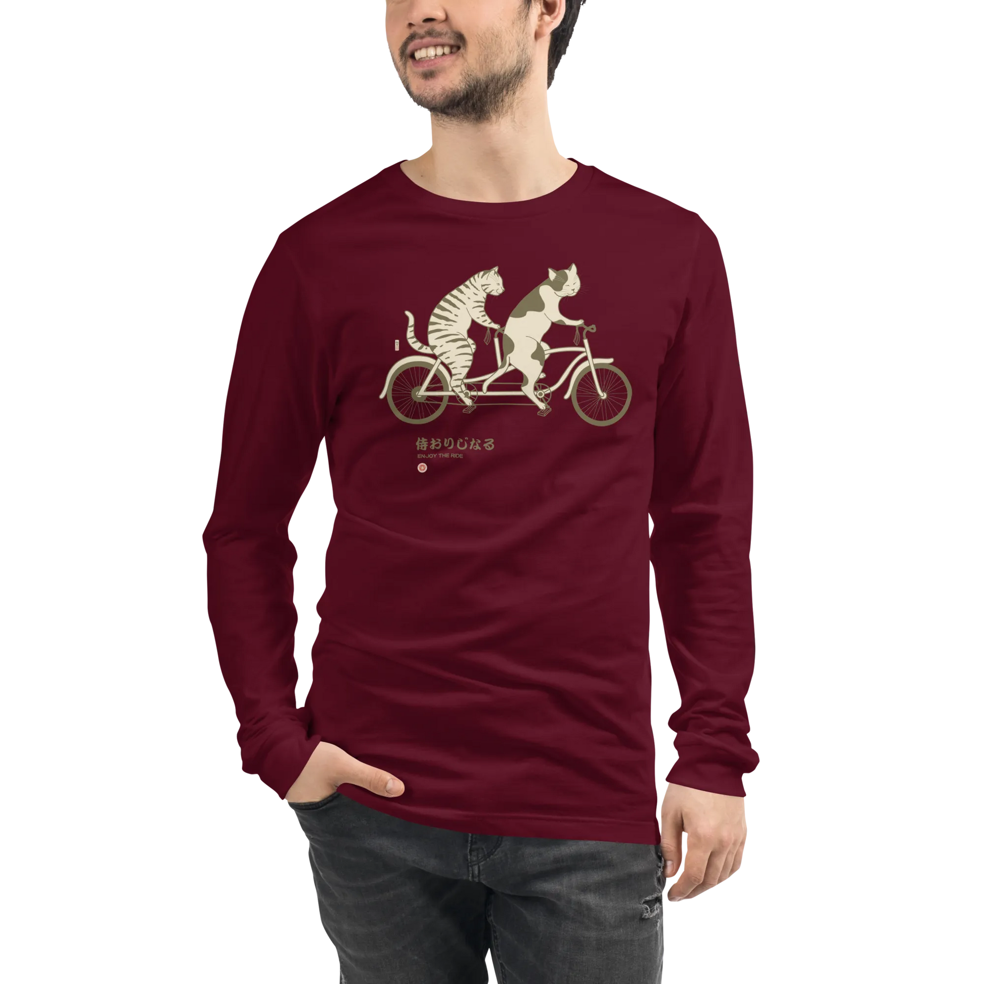 Cat Ride Funny Japanese Ukiyo-e Unisex Long Sleeve Tee - Maroon / S