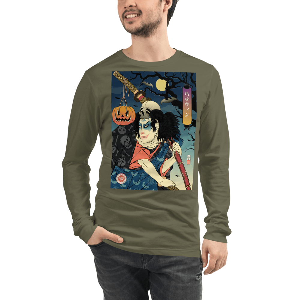 Halloween Samurai Joker Japanese Ukiyo-e Unisex Long Sleeve Tee - Military Green / S