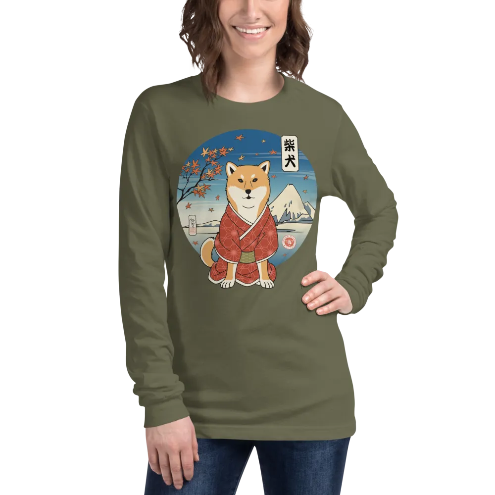 Dog Shiba Inu Funny Japanese Ukiyo-e Unisex Long Sleeve Tee - Military Green / S