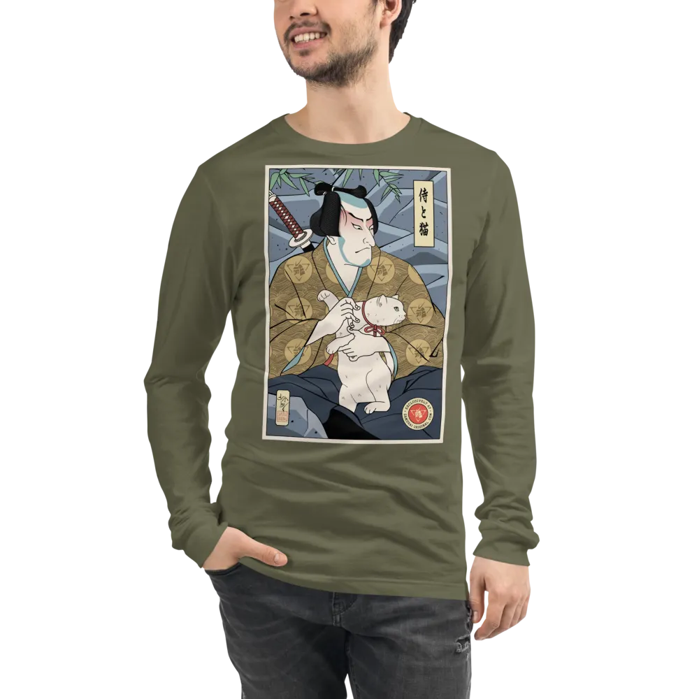 Samurai & Cat Funny Japanese Ukiyo-e Unisex Long Sleeve Tee - Samurai Original