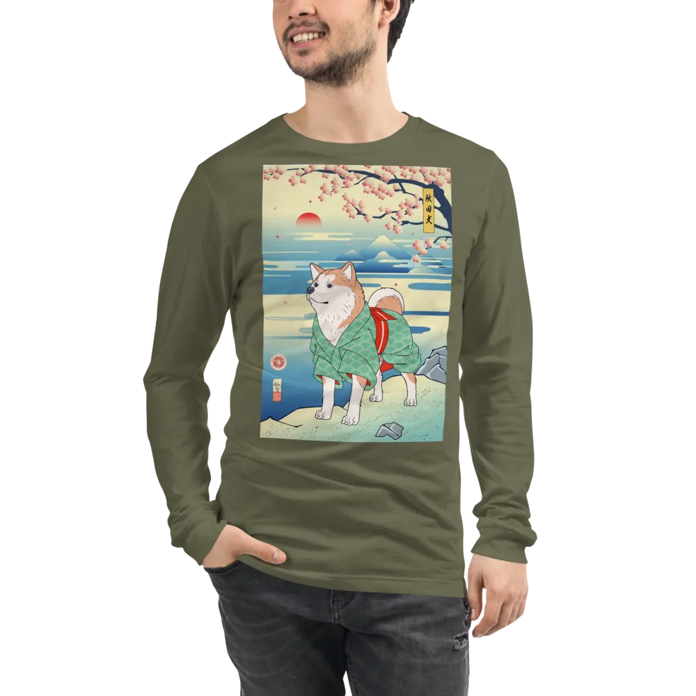 Dog Akita Funny Japanese Ukiyo-e Unisex Long Sleeve Tee - Military Green / S