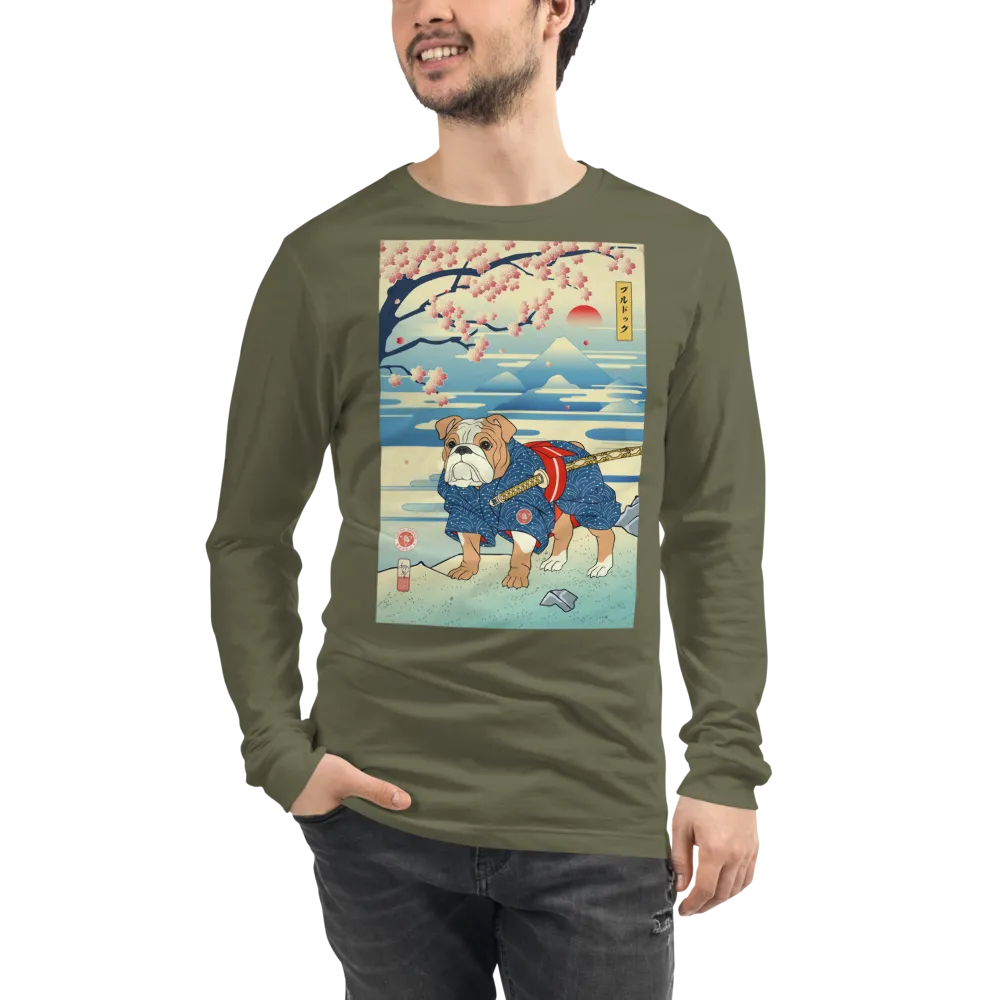 Dog Bulldog Japanese Ukiyo-e Unisex Long Sleeve Tee - Military Green / S