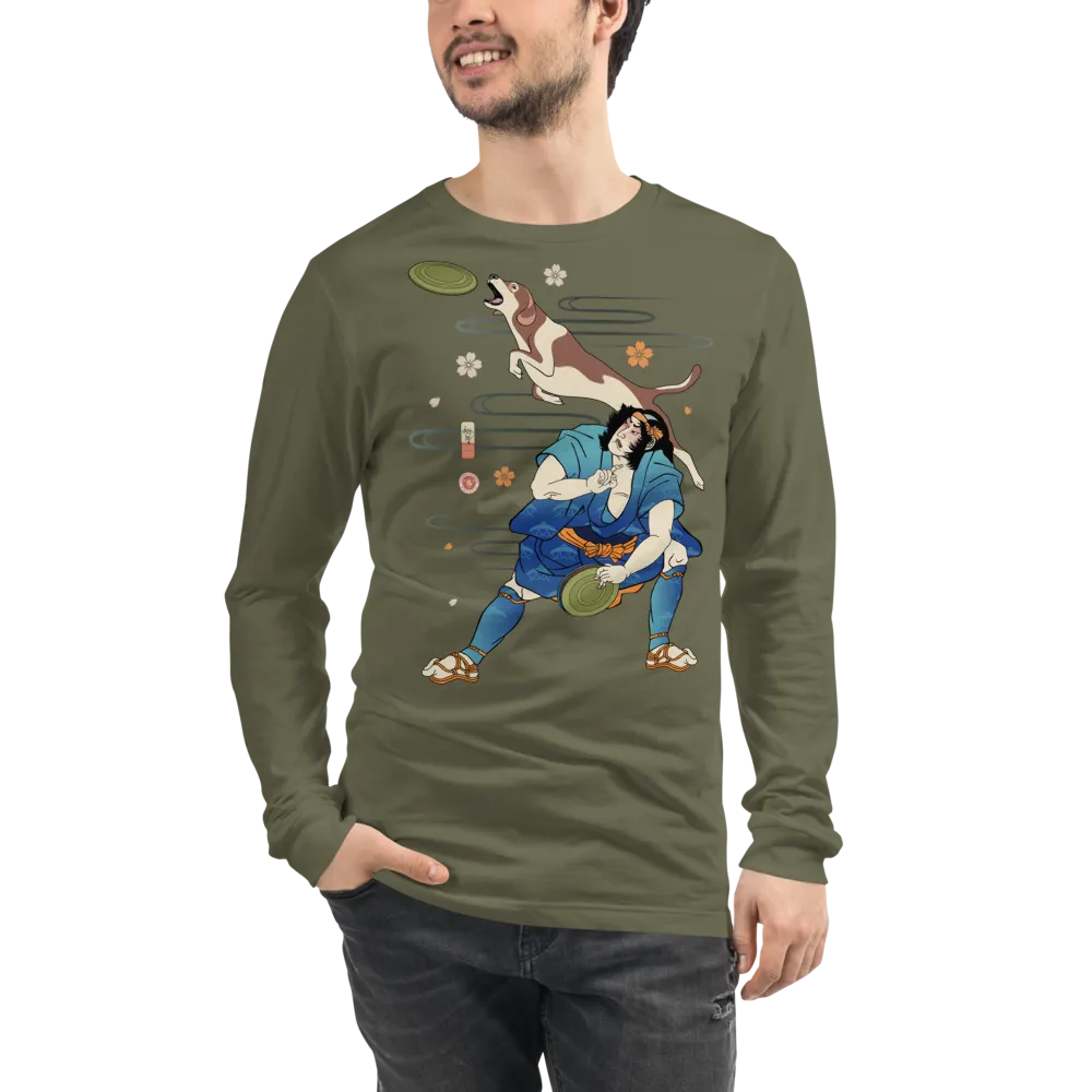 Disc Dog Samurai Japanese Ukiyo-e Unisex Long Sleeve Tee - Military Green / S