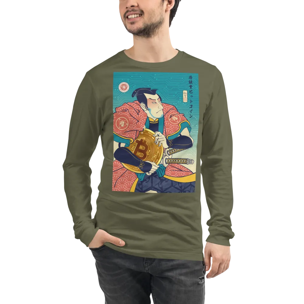 Samurai Bitcoin Mining Ukiyo-e Unisex Long Sleeve Tee - Military Green / S