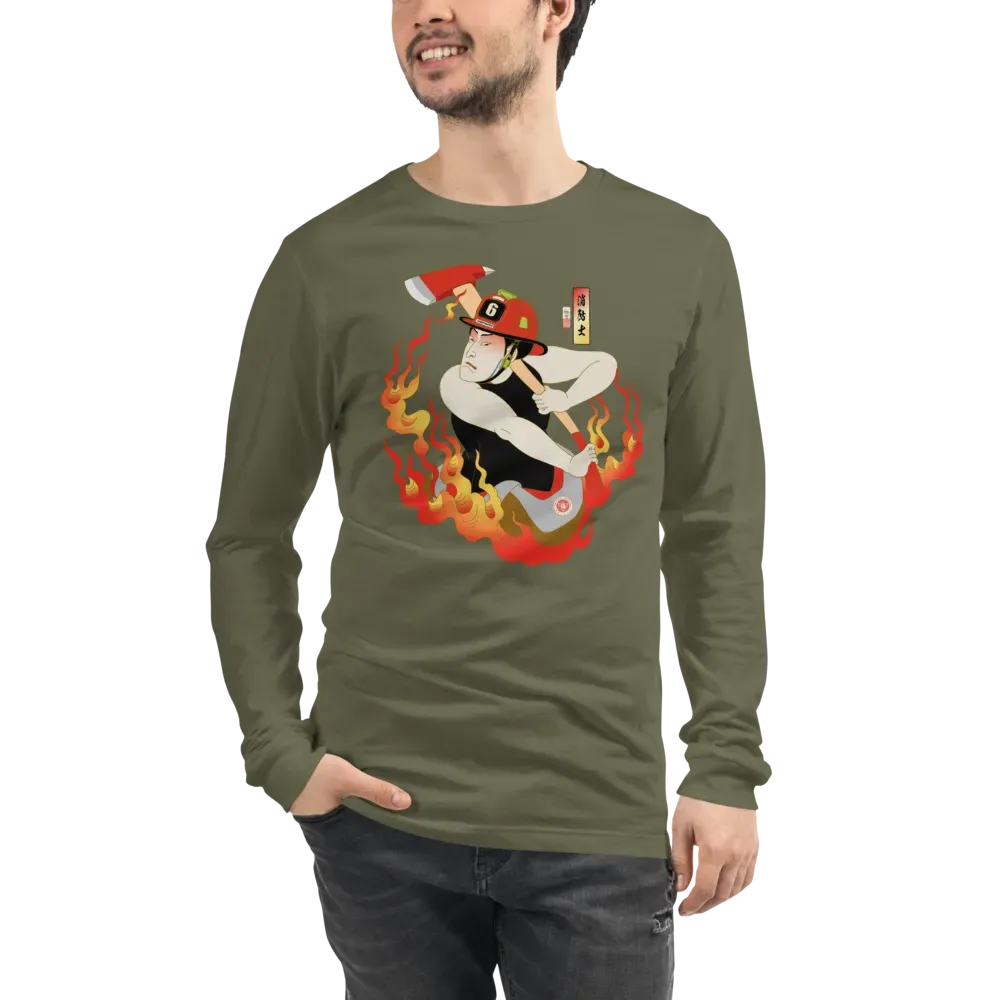 Samurai Firefighter Fireman Ukiyo-e Unisex Long Sleeve Tee - Samurai Original