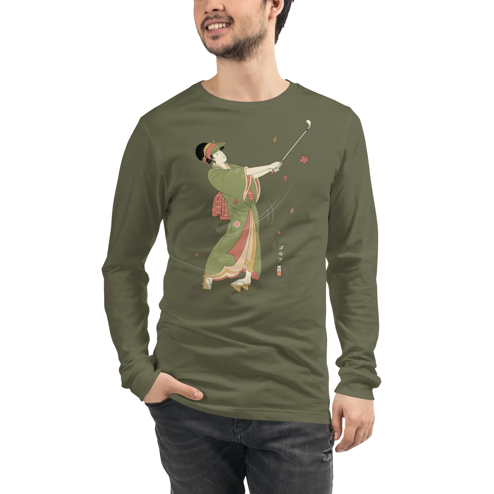 Geisha Golf Player Japanese Ukiyo-e Unisex Long Sleeve Tee - Military Green / S