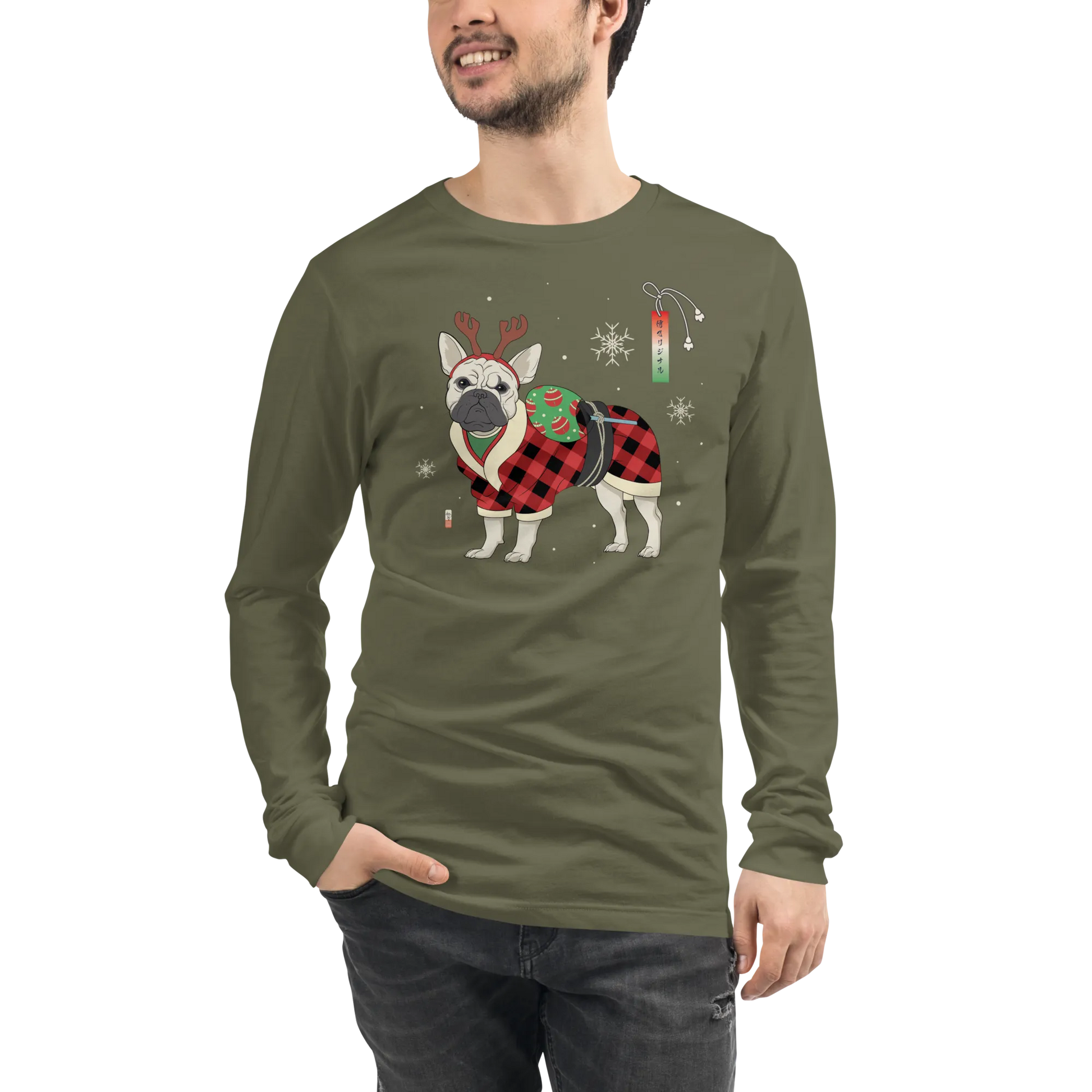 French Bulldog Funny Christmas Japanese Ukiyo-e Unisex Long Sleeve Tee - Military Green / S