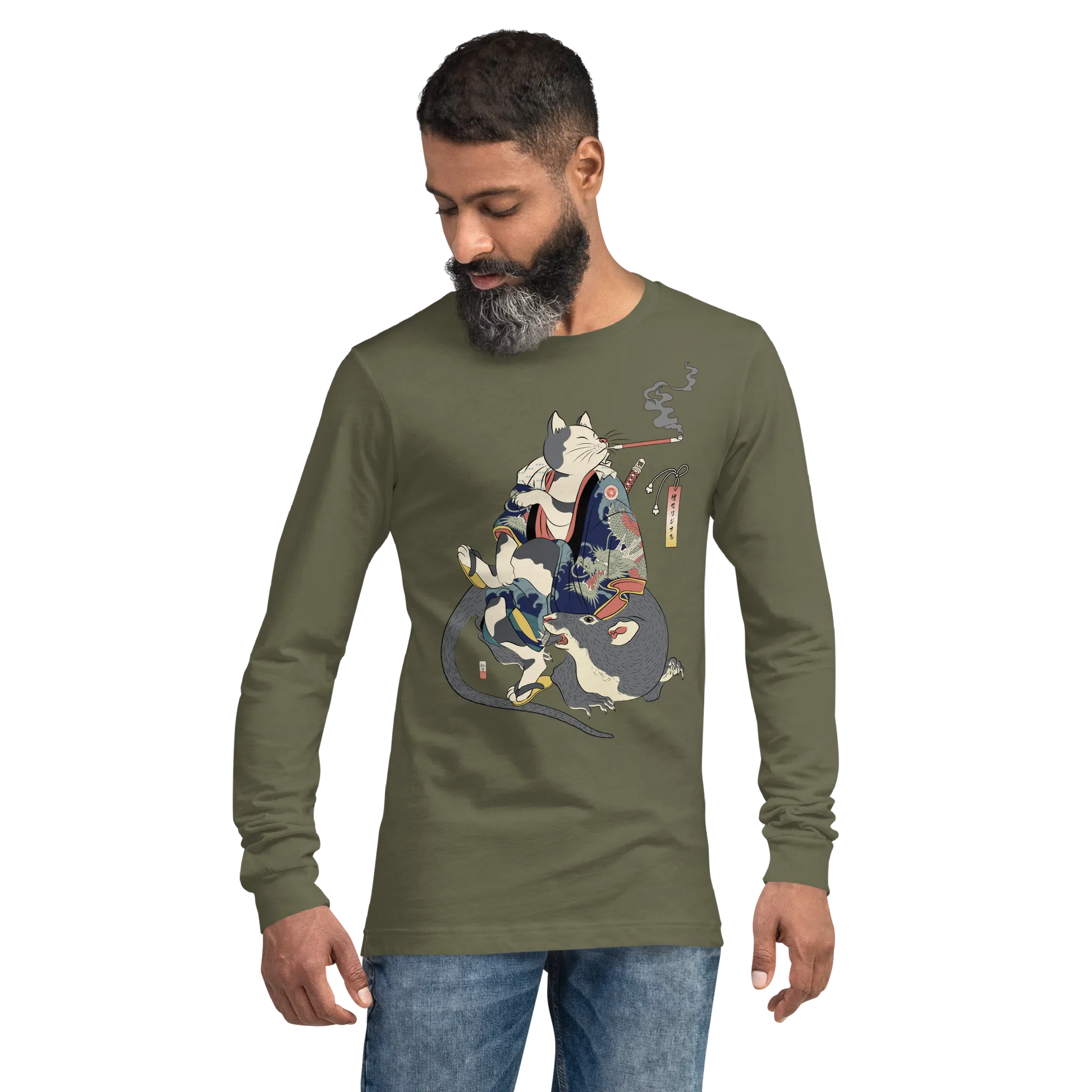 Cat and Mouse Funny Japanese Ukiyo-e Unisex Long Sleeve Tee - Military Green / S