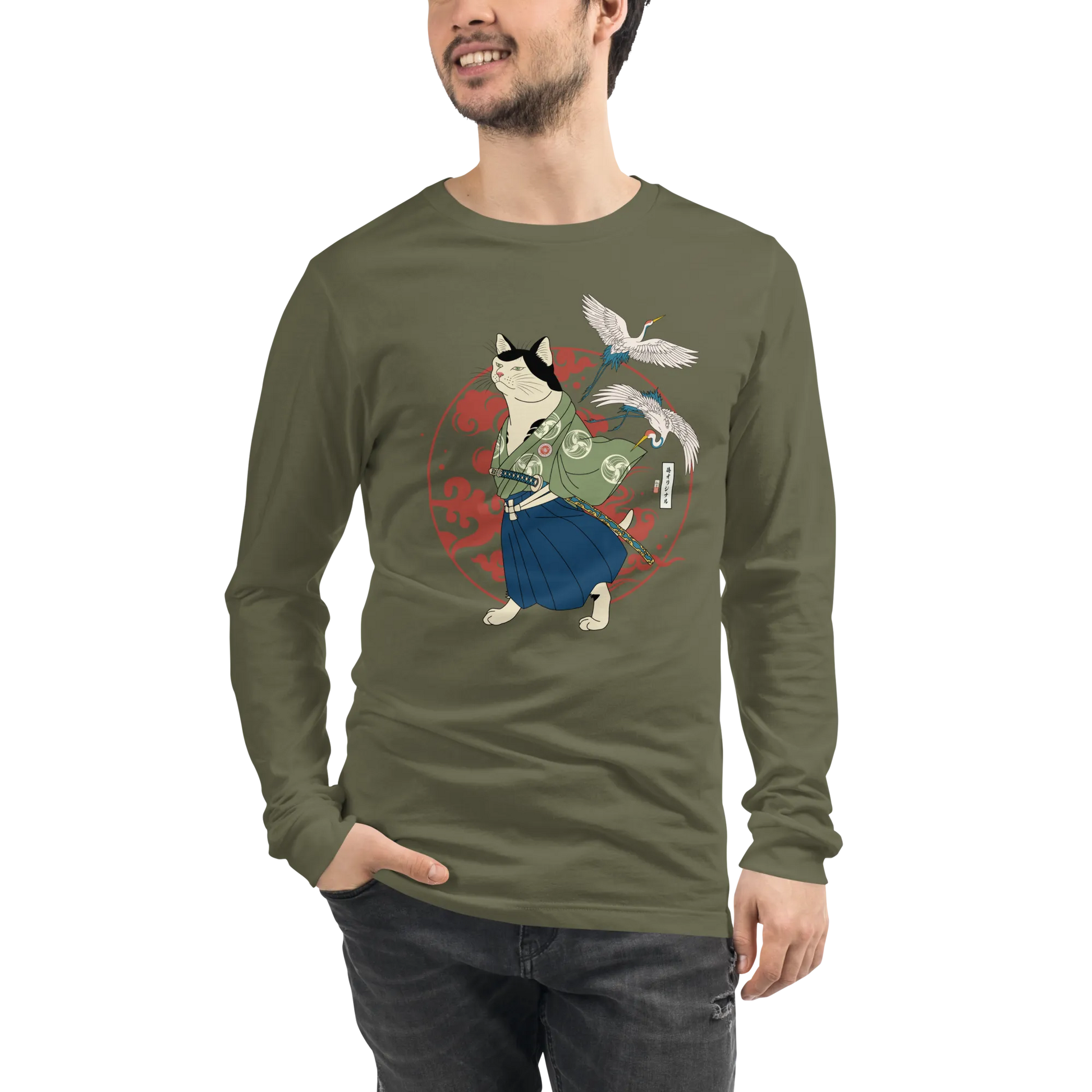 Cat Samurai Funny Ukiyo-e Japanese Unisex Long Sleeve Tee - Military Green / S