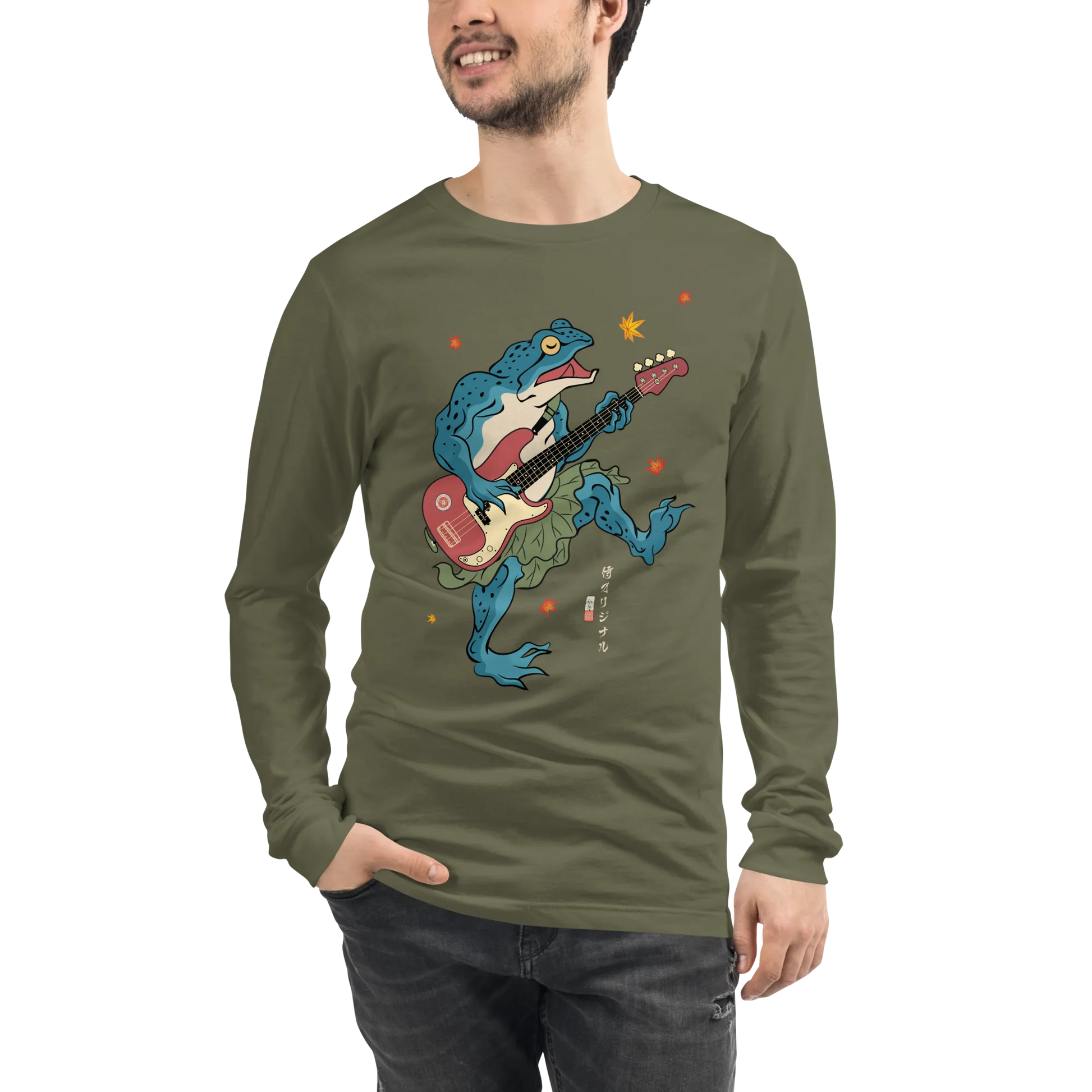 Frog Guitar Bass Funny Japanese Ukiyo-e Unisex Long Sleeve Tee - Military Green / S