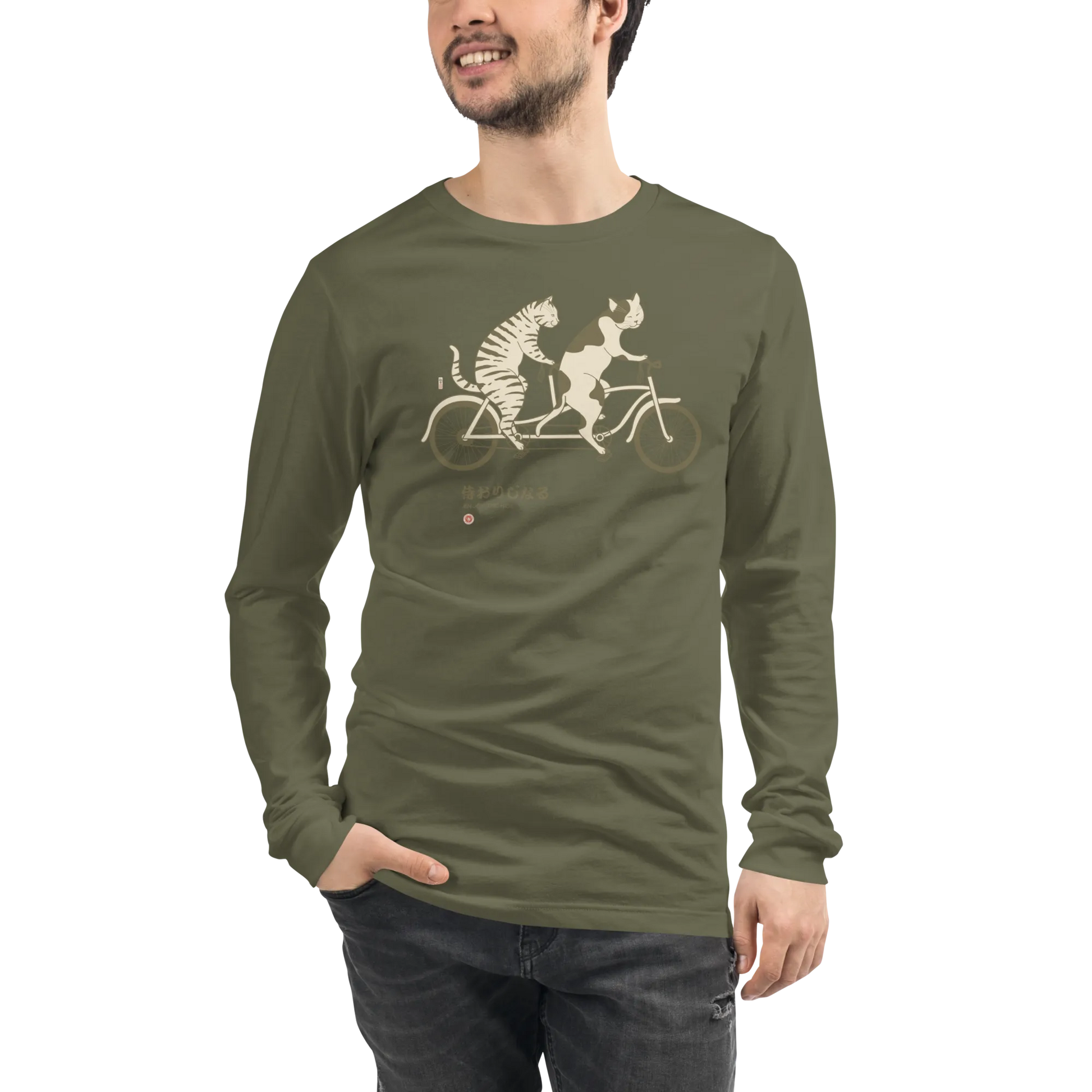 Cat Ride Funny Japanese Ukiyo-e Unisex Long Sleeve Tee - Military Green / S