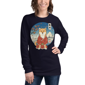 Dog Shiba Inu Funny Japanese Ukiyo-e Unisex Long Sleeve Tee - Navy / S