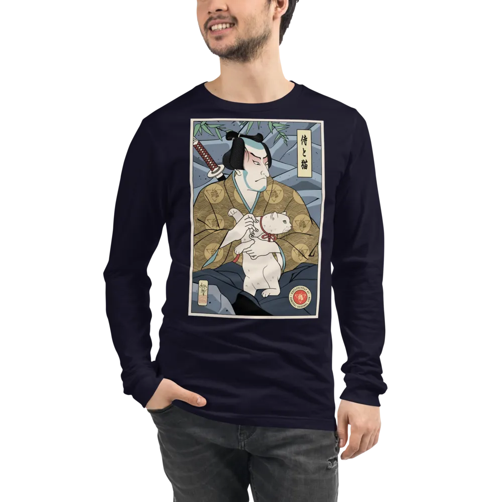 Samurai & Cat Funny Japanese Ukiyo-e Unisex Long Sleeve Tee - Samurai Original