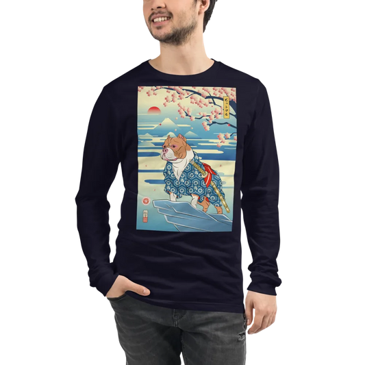 Dog Pitbull Japanese Ukiyo-e Unisex Long Sleeve Tee - Navy / S