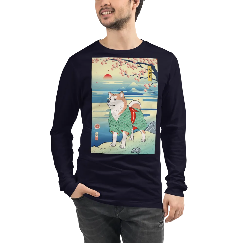 Dog Akita Funny Japanese Ukiyo-e Unisex Long Sleeve Tee - Navy / S