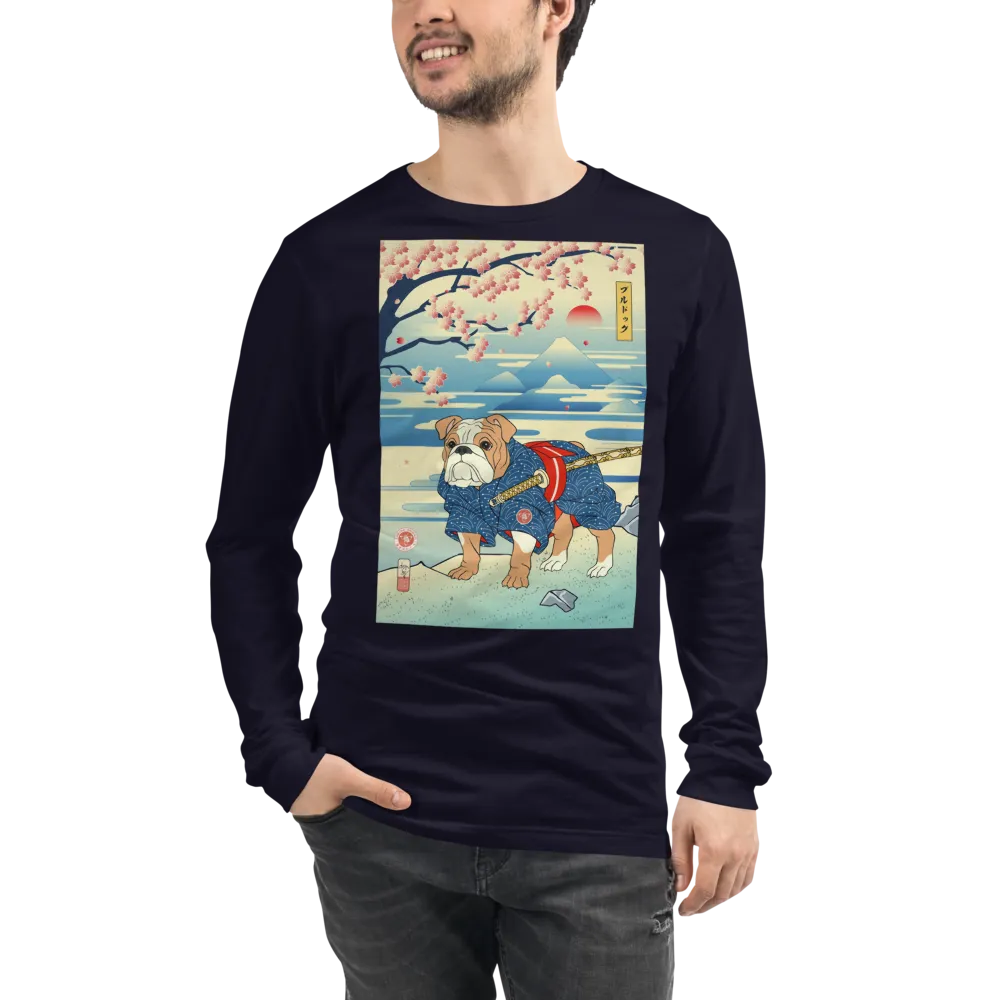 Dog Bulldog Japanese Ukiyo-e Unisex Long Sleeve Tee - Navy / S