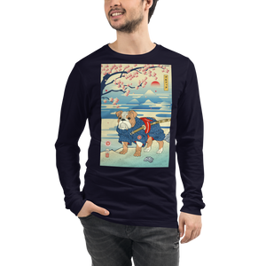 Dog Bulldog Japanese Ukiyo-e Unisex Long Sleeve Tee - Navy / S