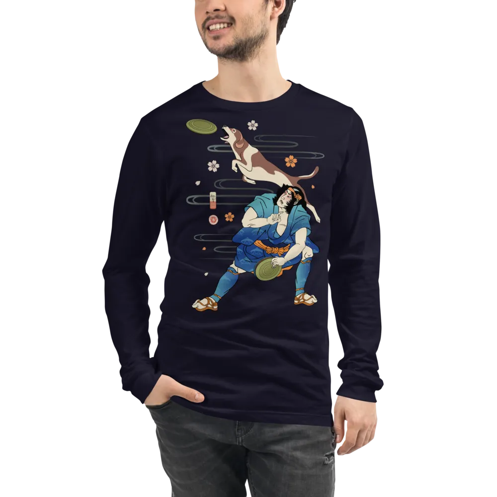 Disc Dog Samurai Japanese Ukiyo-e Unisex Long Sleeve Tee - Navy / S