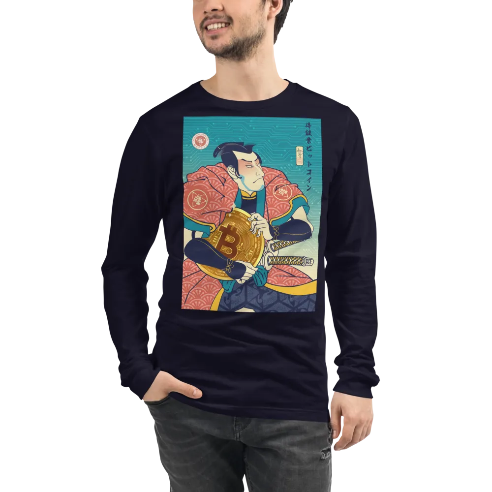 Samurai Bitcoin Mining Ukiyo-e Unisex Long Sleeve Tee - Navy / S