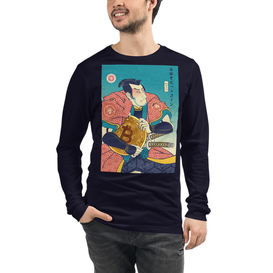 Samurai Bitcoin Mining Ukiyo-e Unisex Long Sleeve Tee - Navy / S