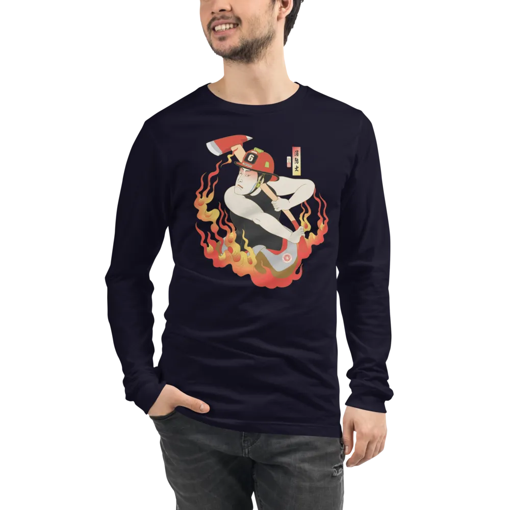 Samurai Firefighter Fireman Ukiyo-e Unisex Long Sleeve Tee - Samurai Original