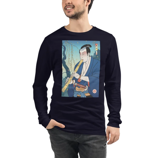 Samurai Play Shakuhachi Bamboo Flute Ukiyo-e Unisex Long Sleeve Tee