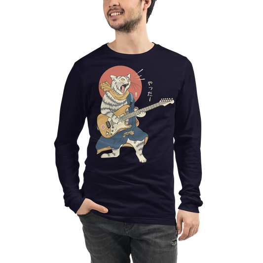 Cat Playing Guitar Funny Japanese Ukiyo-e Unisex Long Sleeve Tee - Navy / S