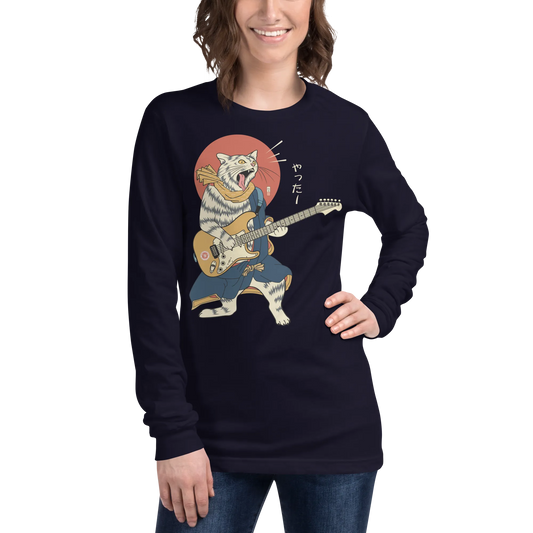 Cat Playing Guitar Funny Japanese Ukiyo-e Unisex Long Sleeve Tee -