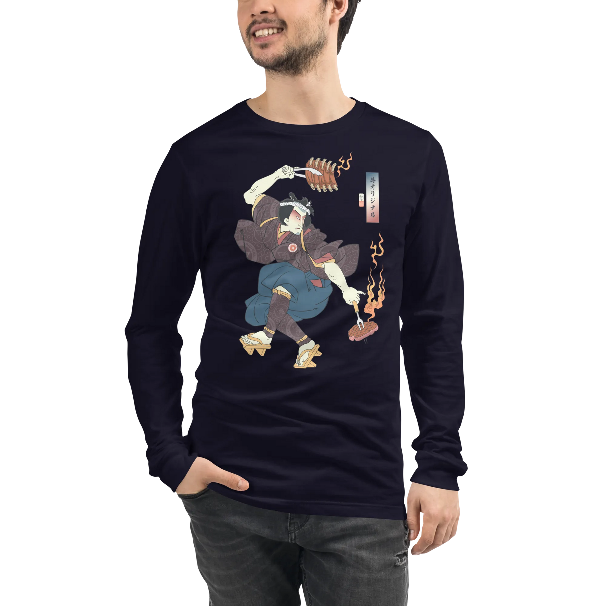 Samurai BBQ Barbecue Funny Ukiyo-e Unisex Long Sleeve Tee - Samurai Original