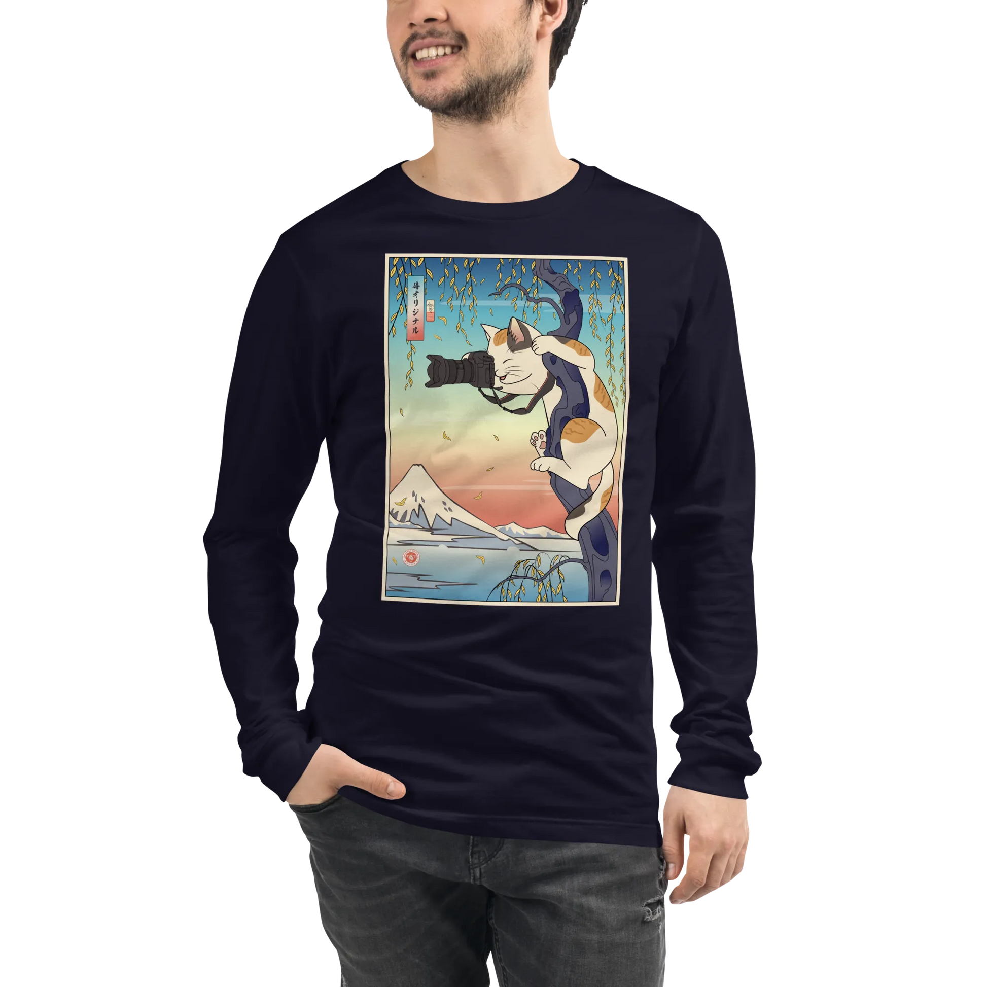 Cat Photographer Funny Japanese Ukiyo-e Unisex Long Sleeve Tee - Navy / S