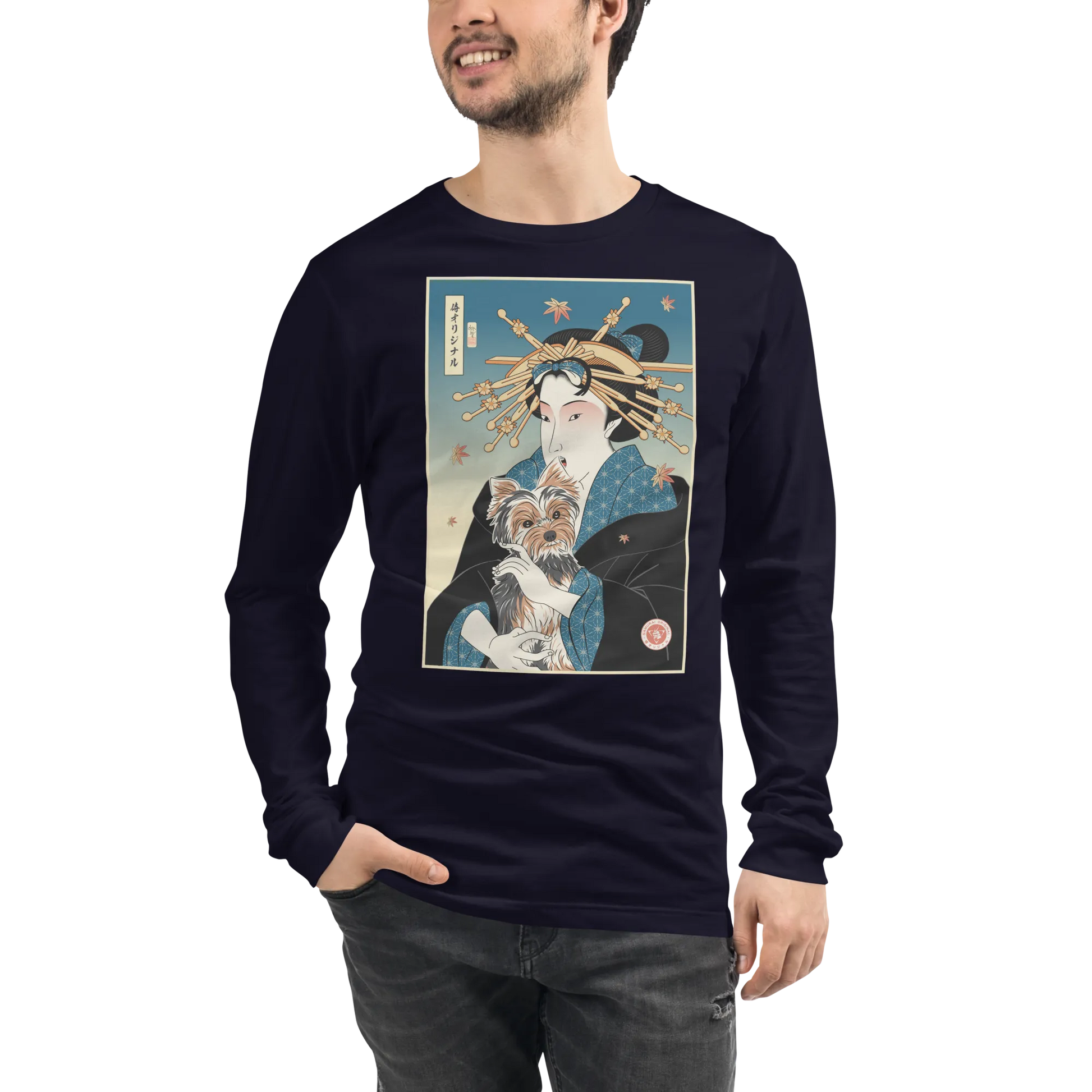 Geisha and Yorkshire Dog Japanese Ukiyo-e Unisex Long Sleeve Tee - Navy / S